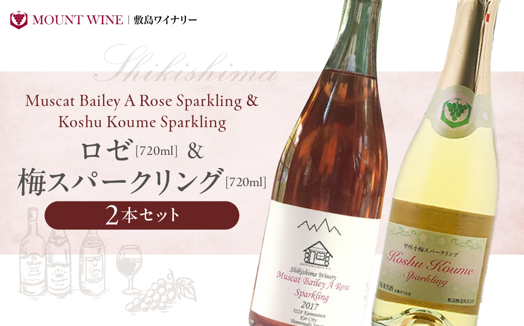 ロゼ 梅スパークリング 720ml × 2本 ワイン わいん ロゼワイン スパークリングワイン 辛口 山梨 甲州 甘口 日本ワイン 国産ワイン ワインセット 飲み比べ 甲斐市 F-31山梨県甲斐市17000酒・アル