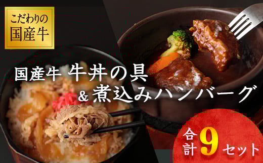 【45営業日以内配送】国産牛 牛丼の具&煮込みハンバーグ 満足の9個セット 《こだわりソースと玉ねぎが旨い簡単惣菜》 湯煎で温めるだけ 014-D-YL008山形県寒河江市14000肉牛肉