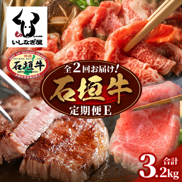 【全2回 定期便E】 石垣牛 ステーキ&焼肉特盛セット・すきしゃぶ800g&焼肉特盛セット 計3.2kg(いしなぎ屋)【 特選肉 肉 高級 黒毛和牛 和牛 牛 】AB-33沖縄県石垣市200000肉牛肉