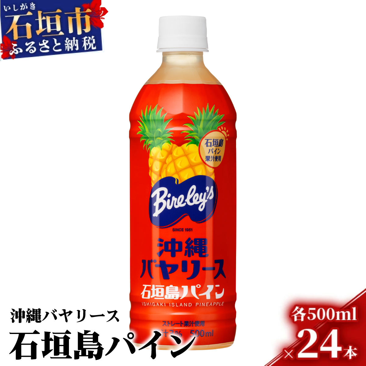 沖縄バヤリース 石垣島パイン 500ml×24本入 ジュース 飲料類 パイナップル果汁 保存料不使用 詰め合わせ セット 1ケース AO-3沖縄県石垣市12000お茶・飲料果汁・野菜飲料