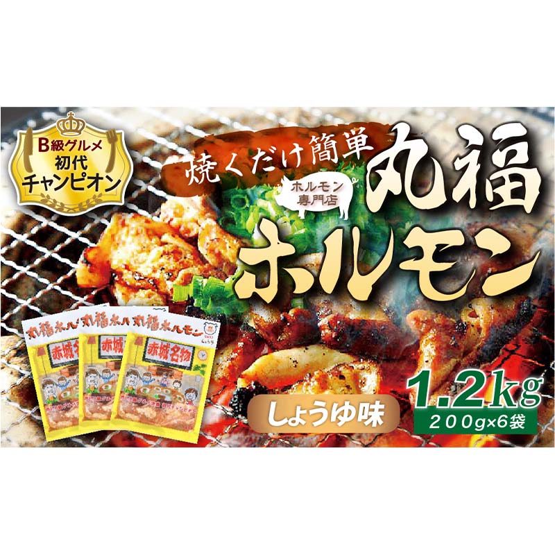 【定期便・全3回】焼くだけ簡単「丸福ホルモン (しょうゆ味)」定期便 合計3.6kg(1.2g×3回)|豚ホルモン 豚? 焼? BBQ ガツナンコツ レバー ?モツ ?トロ ちょい飲み 味付き 冷凍便 F4H-0509群馬県