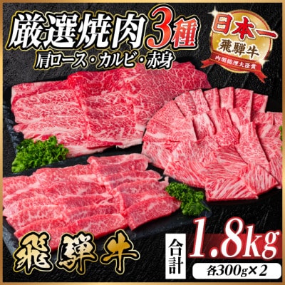 飛騨牛 厳選焼肉3種(肩ロース・カルビ・赤身) 計1.8kg(各300g×2) 黒毛和牛 小分け【配送不可地域:離島】【1668650】岐阜県羽島市43500肉牛肉