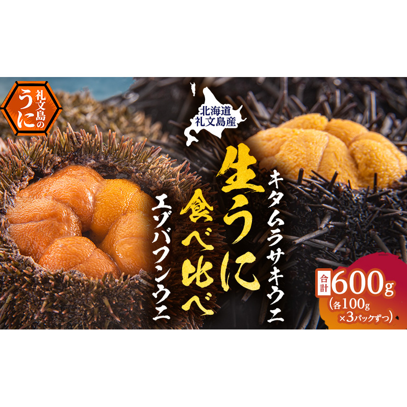 北海道礼文島産 ウニの食べ比べセット600g(蝦夷バフンウニ・キタムラサキウニ) 魚貝類 雲丹 うに 北海道礼文町141000魚介・海産物イカ・タコ・ウニ