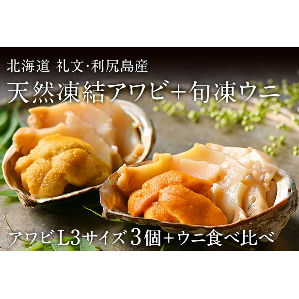 礼文島産 凍結島アワビLサイズ3個 旬凍うに食べ比べセット 魚貝類 瞬間冷凍 旬の味 獲れたての味 磯の香り キタムラサキウニ バフンウニ 贈り物 北海道礼文町42000魚介・海産物イカ・タコ
