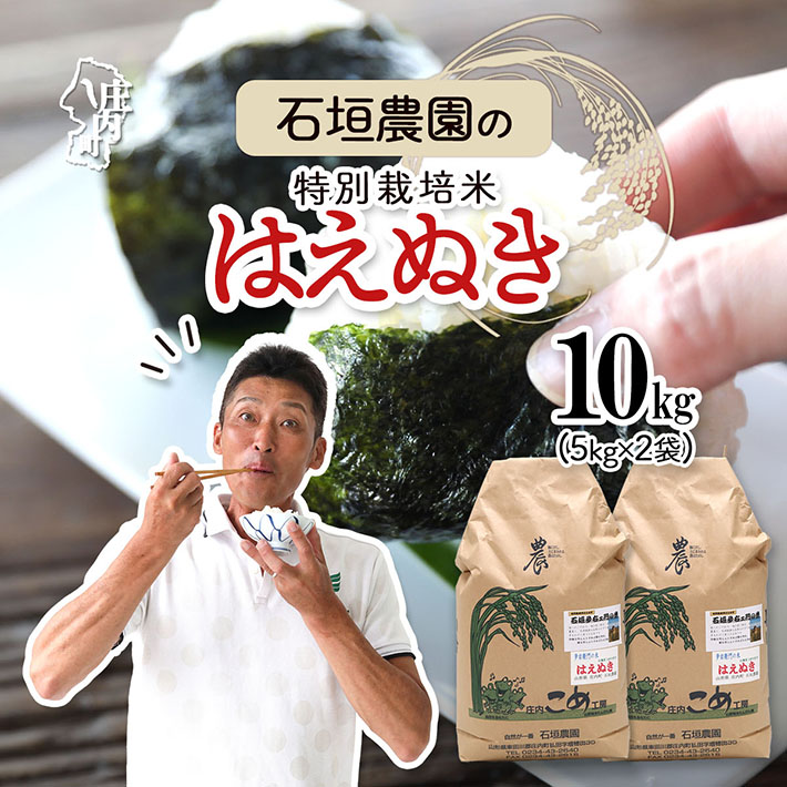 石垣農園の特別栽培米 はえぬき 10kg 令和7年産 2025年産 ブランド米 山形県コシヒカリの原点、亀の尾発祥の地 庄内山形県庄内町32000米・パン白米