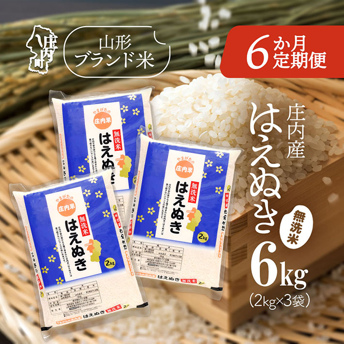 <12月中旬発送>庄内米6か月定期便!はえぬき無洗米 6kg(入金期限:2025.11.25)山形県庄内町132000米・パン無洗米