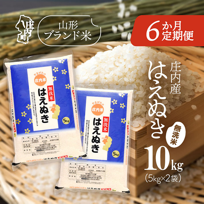 <12月中旬発送>庄内米6か月定期便!はえぬき無洗米 10kg(入金期限:2025.11.25)山形県庄内町210000米・パン無洗米