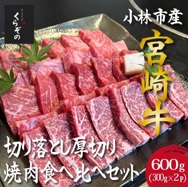 【D041・黒毛和牛レストラン直送】宮崎牛切り落とし厚切り焼肉食べ比べセット 600g(300g×2P 国産 牛肉 和牛 宮崎牛 A4等級以上 訳あり 切り落とし 焼肉 食べ比べ 赤身 霜降り)宮崎県小林市200