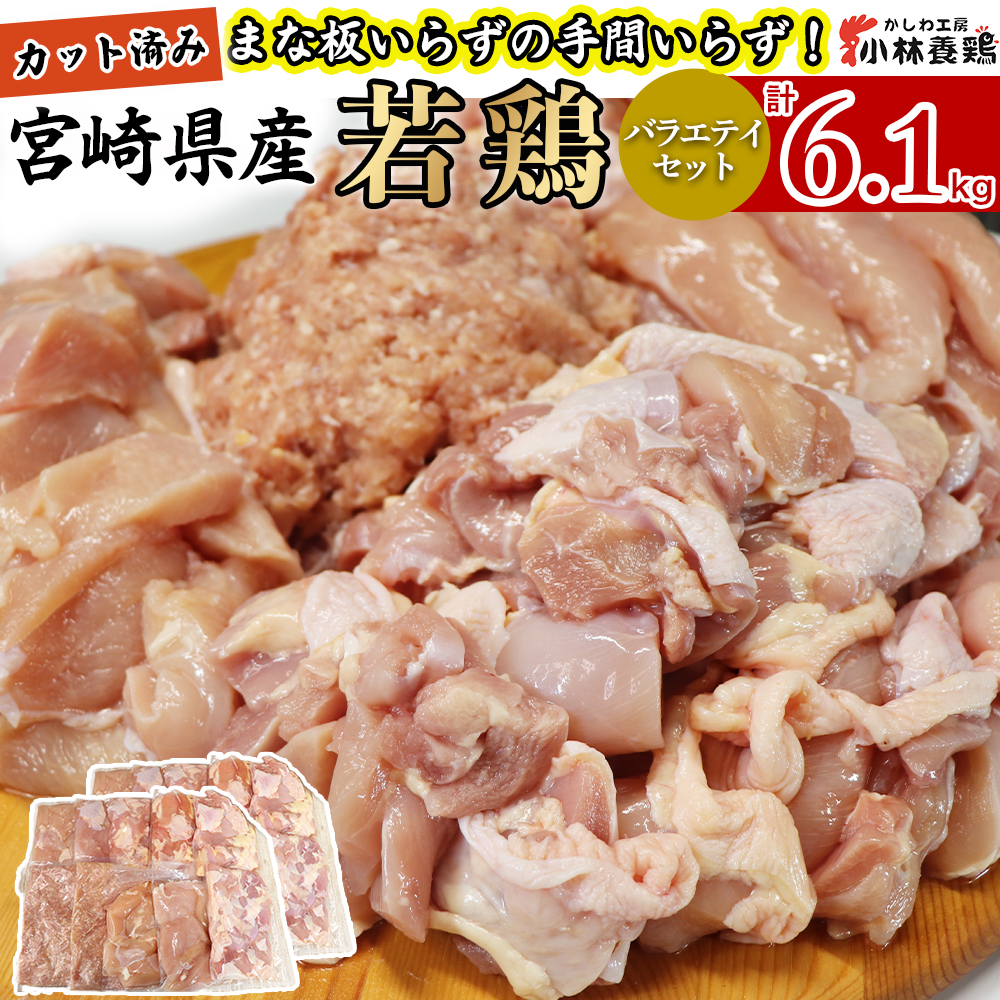 【カット済み】宮崎県産若鶏バラエティセット 計6.1kg 国産 鶏肉 若鶏 もも肉 モモ むね肉 ムネ 肩肉 ささみ ミンチ 小分け カット 冷凍宮崎県小林市16000肉鶏肉