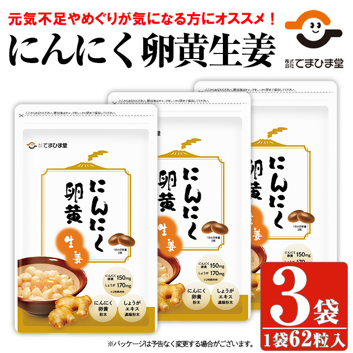 No.1028 てまひま にんにく卵黄生姜(62粒入×3袋・計186粒)鹿児島 日置市 ニンニク 健康食品 栄養 元気 カプセル 安全安心 生姜 サプリ【てまひま堂】鹿児島県日置市20000鍋セット・総菜・加工食